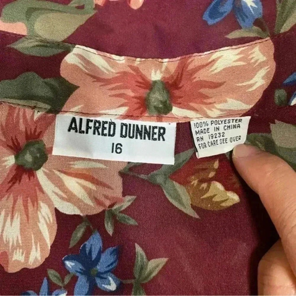 VGT ALFRED DUNNER Women's Dress Blouse Floral Print Elastic Hem Burgundy Size 16 - Picture 7 of 11